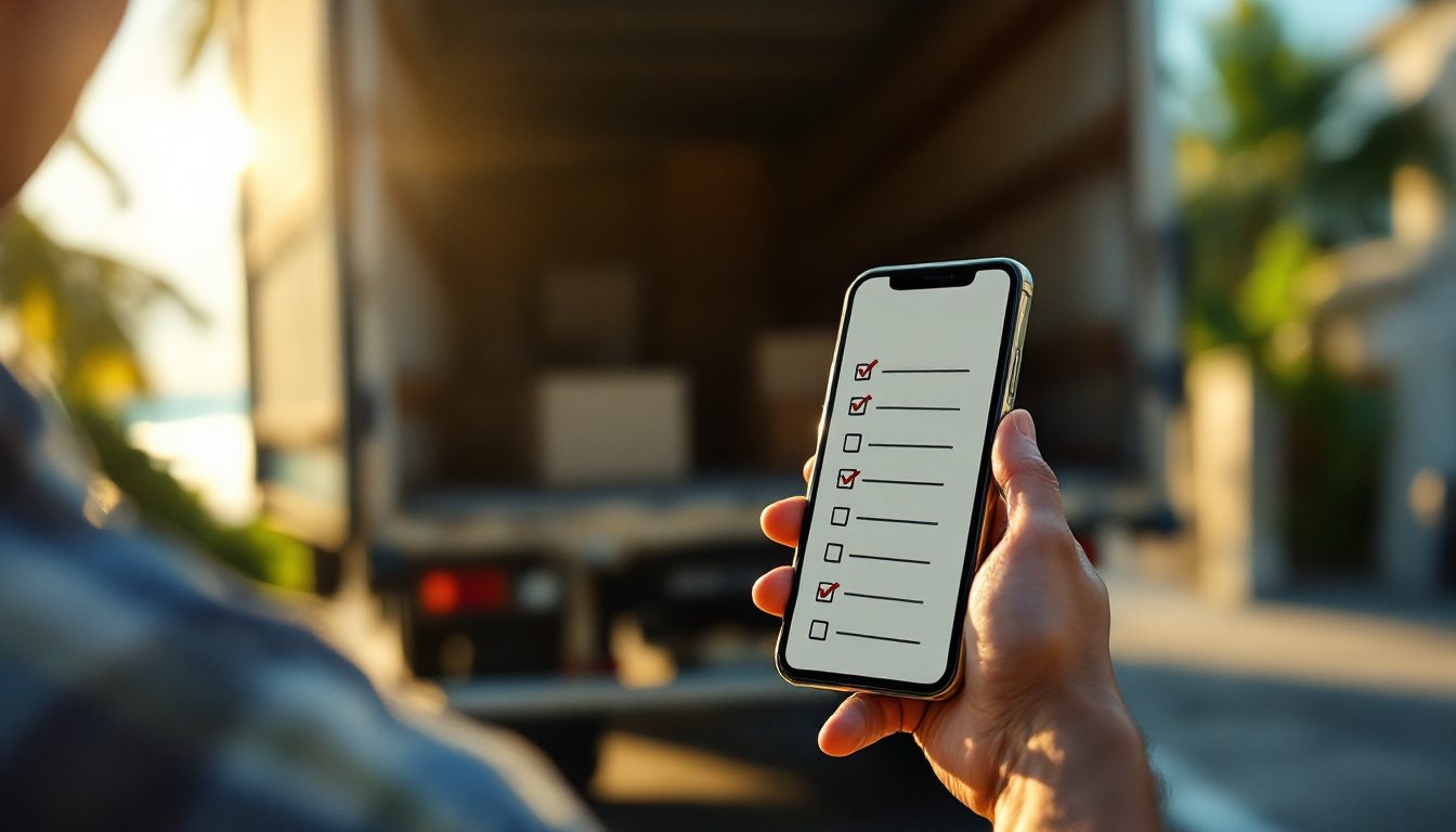 Coordinator checking a delivery list on a phone while a truck is unloaded