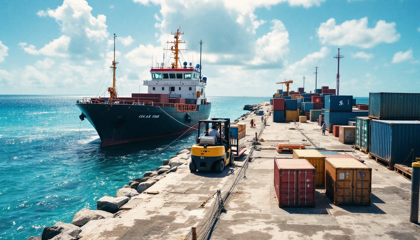 Cargo being offloaded at a Caribbean island dock