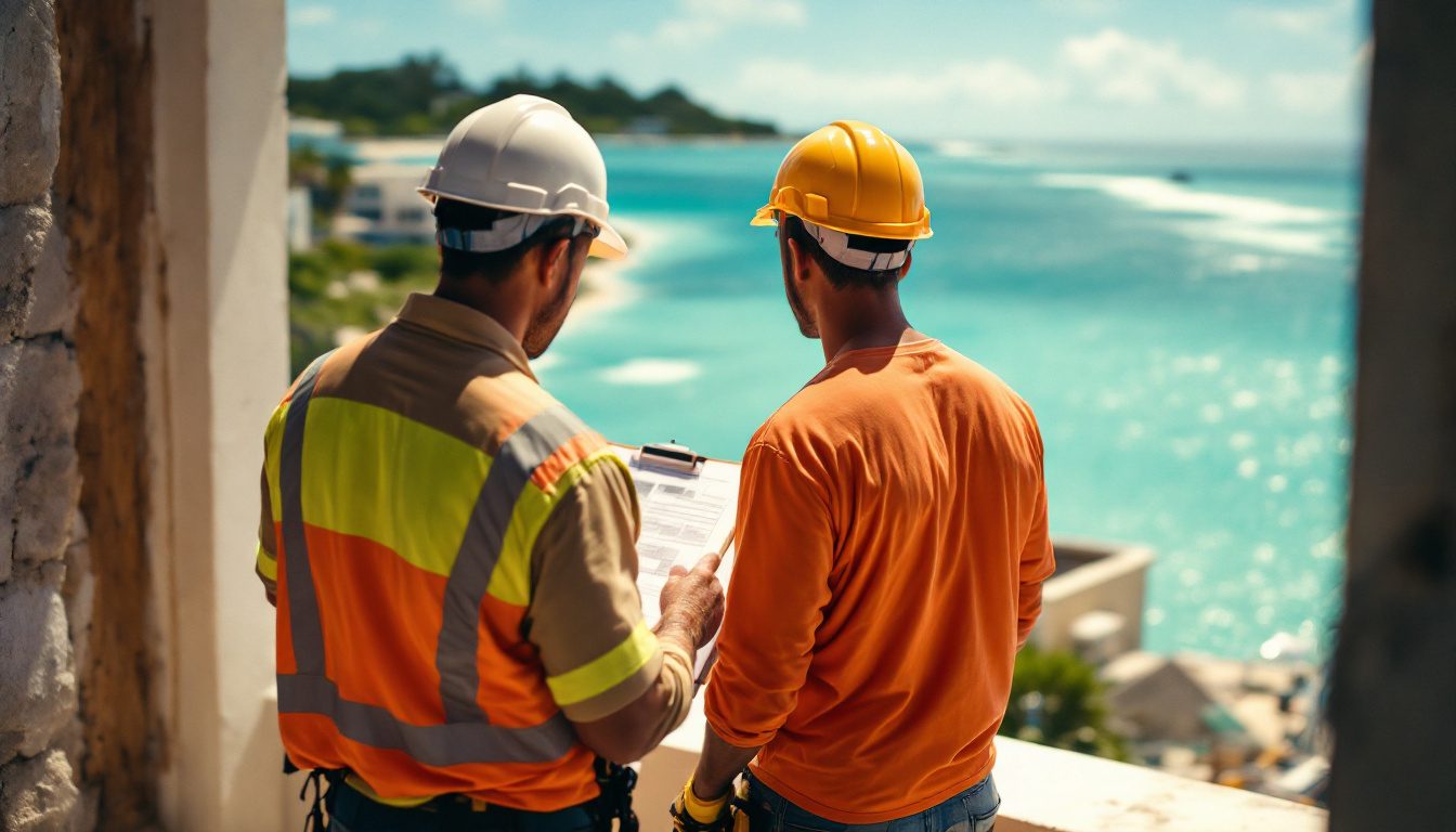 Two builders reviewing plans at a job site overlooking the sea in Turks and Caicos